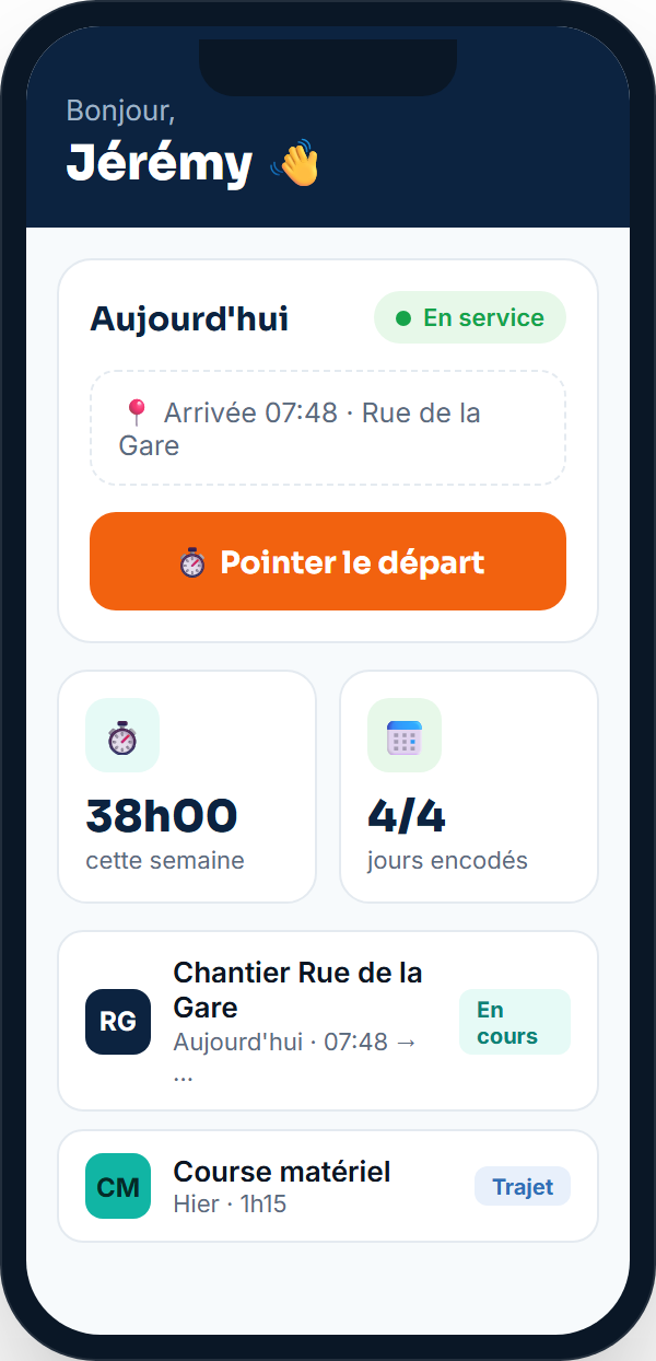 L'app Presta Heure — écran du jour, pointage et heures de l'équipe